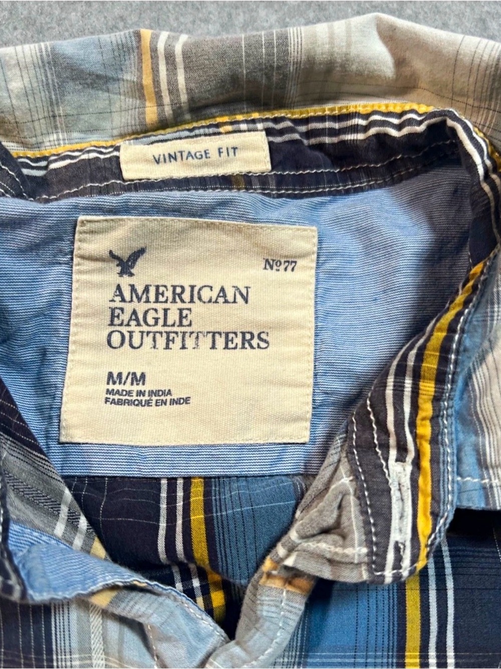 American Eagle Outfitters Blue, Yellow & Gray Plaid Button-Up Shirt #M025